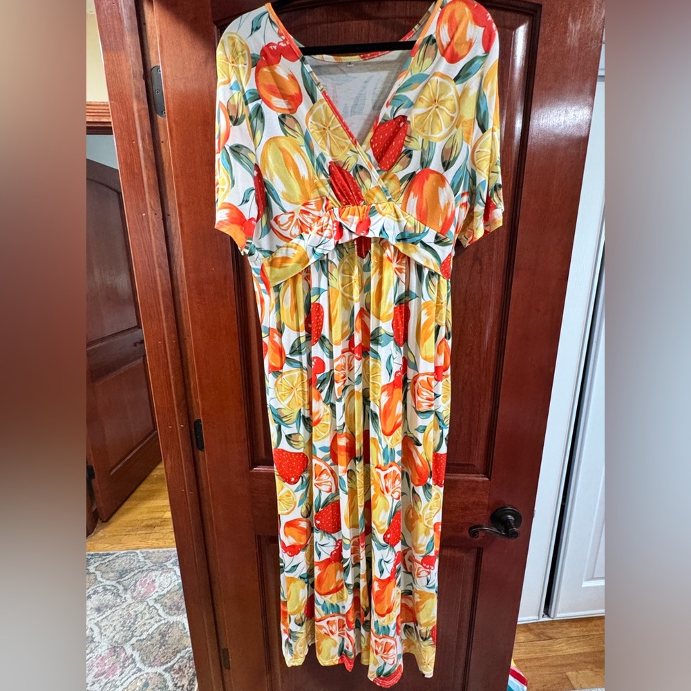 NEW Women’s Floral Citrus Midi Dress in Yellow & Red